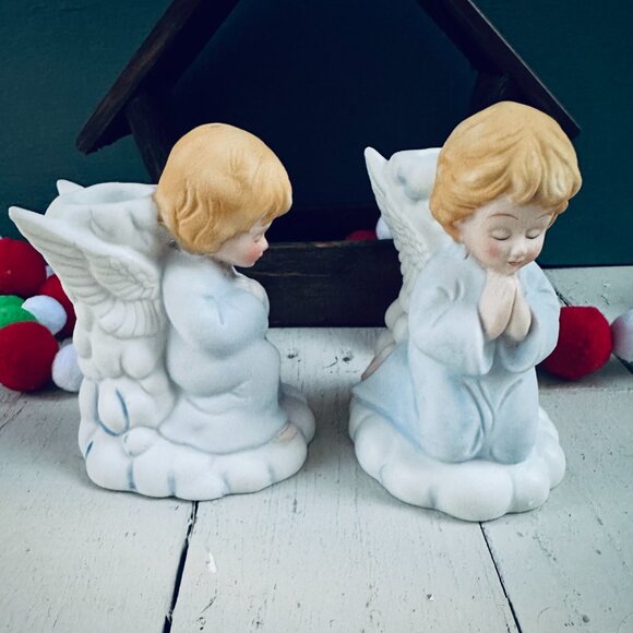 Vintage Praying Angels Candleholders Ceramic Angel Christmas Decor Blue White - Picture 2 of 8